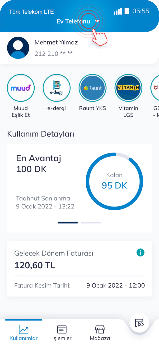 Telefon ekranında Türk Telekom uygulamasında hesap birlestirme ve hesap yönetimi ekran görüntüsü