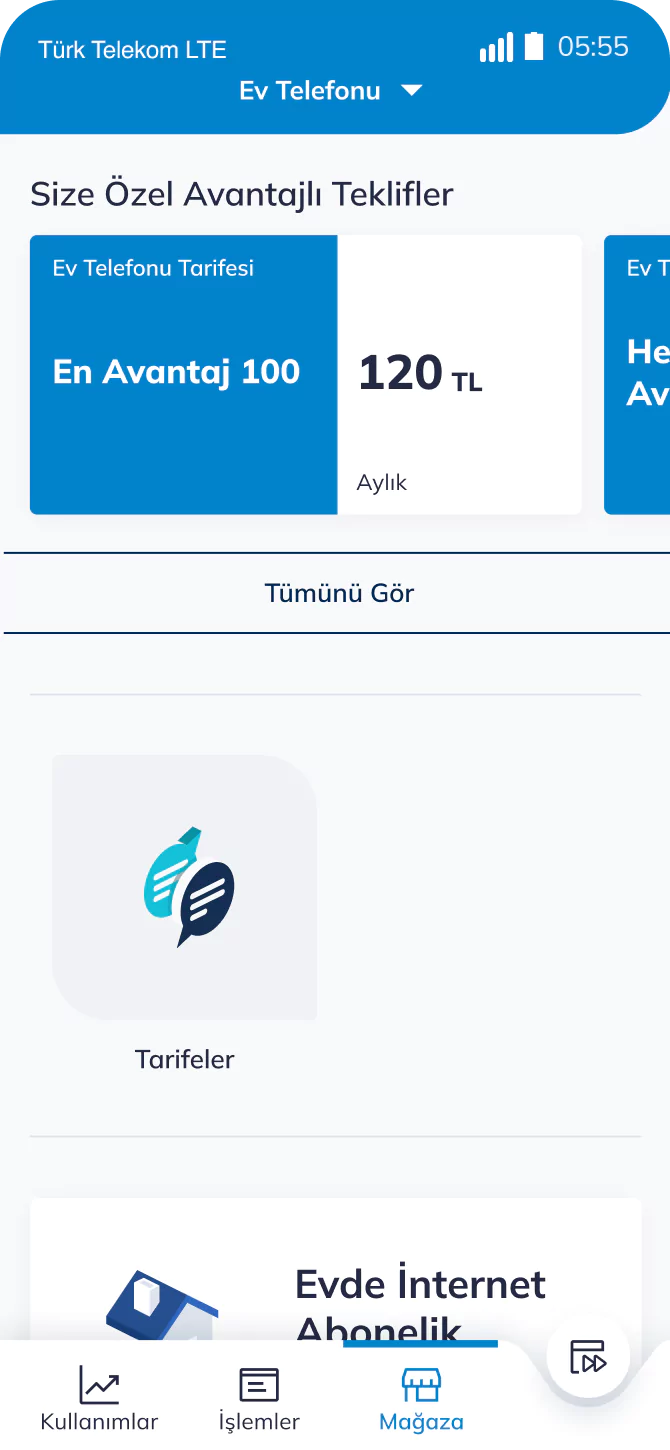 Telefon ekranında Türk Telekom uygulamasında mağaza ekran görüntüsü