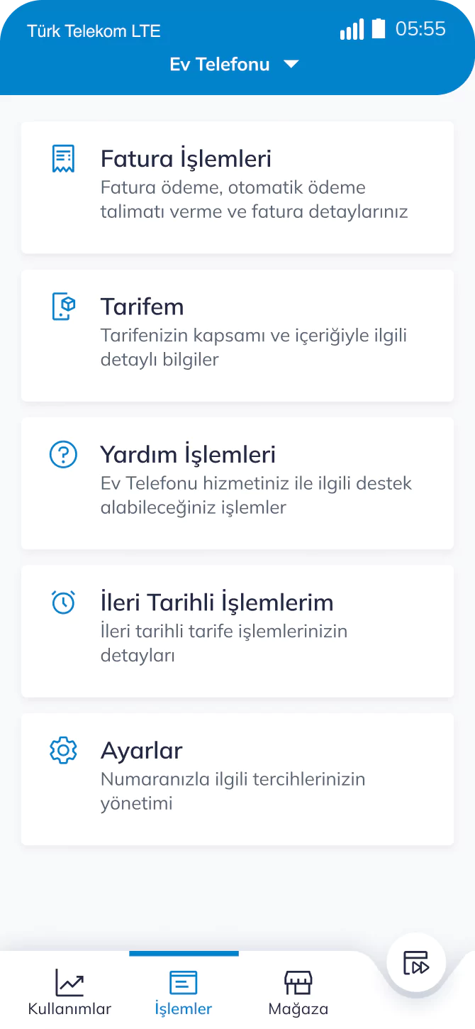 Telefon ekranında Türk Telekom uygulamasında yardım işlemleri ekran görüntüsü