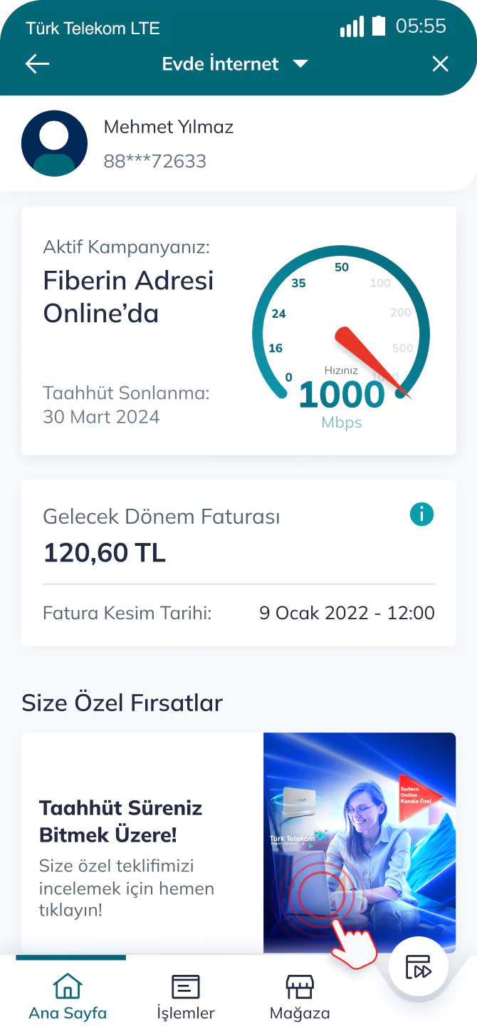 Telefon ekranında Türk Telekom uygulamasında ana sayfa ekran görüntüsü