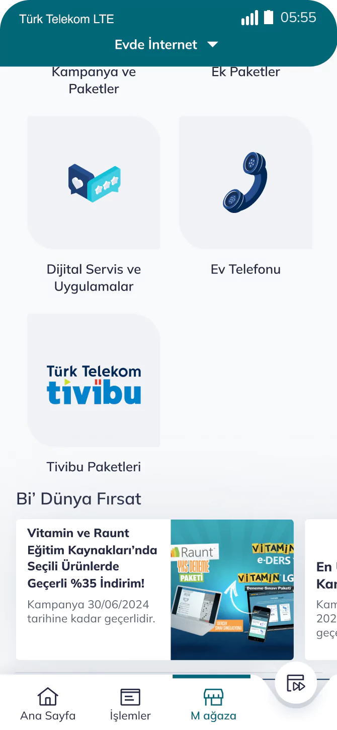Telefon ekranında Türk Telekom uygulamasında bi dünya fırsat ekran görüntüsü