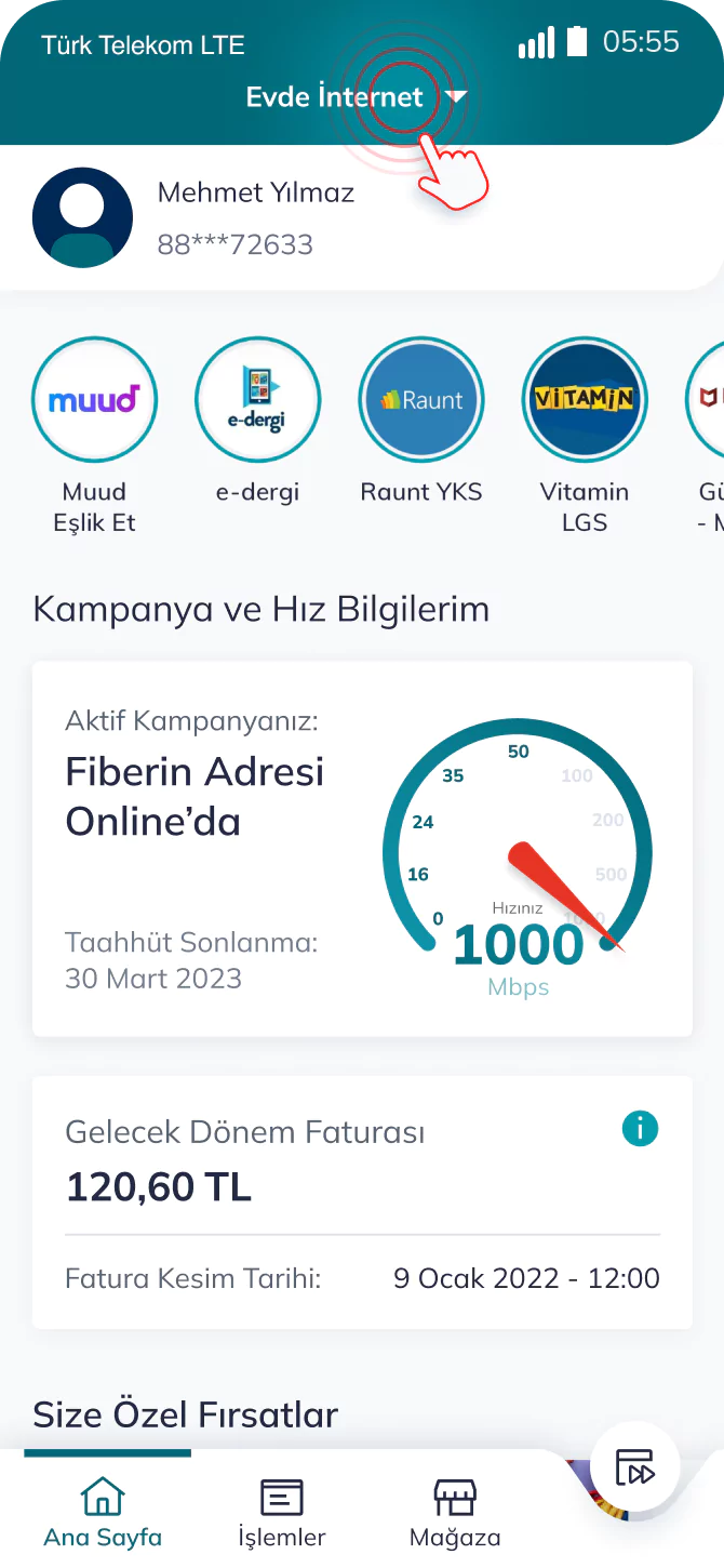 Telefon ekranında Türk Telekom uygulamasında hesap birlestirme ve hesap yönetimi ekran görüntüsü