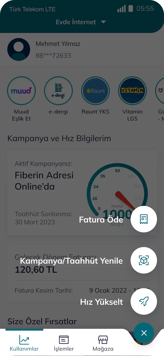 Telefon ekranında Türk Telekom uygulamasında hızlı işlemler ekran görüntüsü