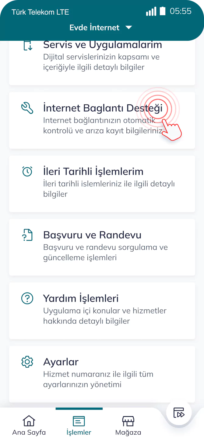 Telefon ekranında Türk Telekom uygulamasında internet bağlantı desteği ekran görüntüsü