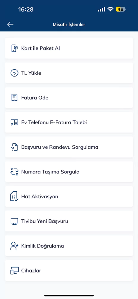 Telefon ekranında Türk Telekom uygulamasında misafir ekran görüntüsü