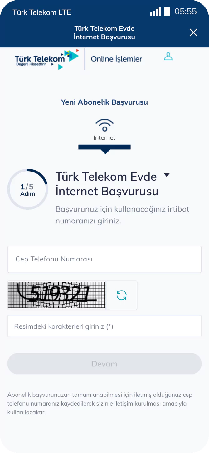Telefon ekranında Türk Telekom uygulamasında yeni abonelik ekran görüntüsü