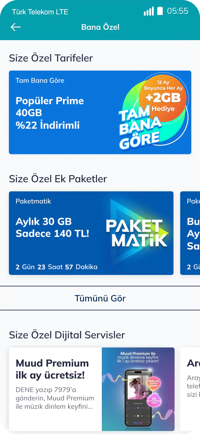 Telefon ekranında Türk Telekom uygulamasında bana özel ekran görüntüsü