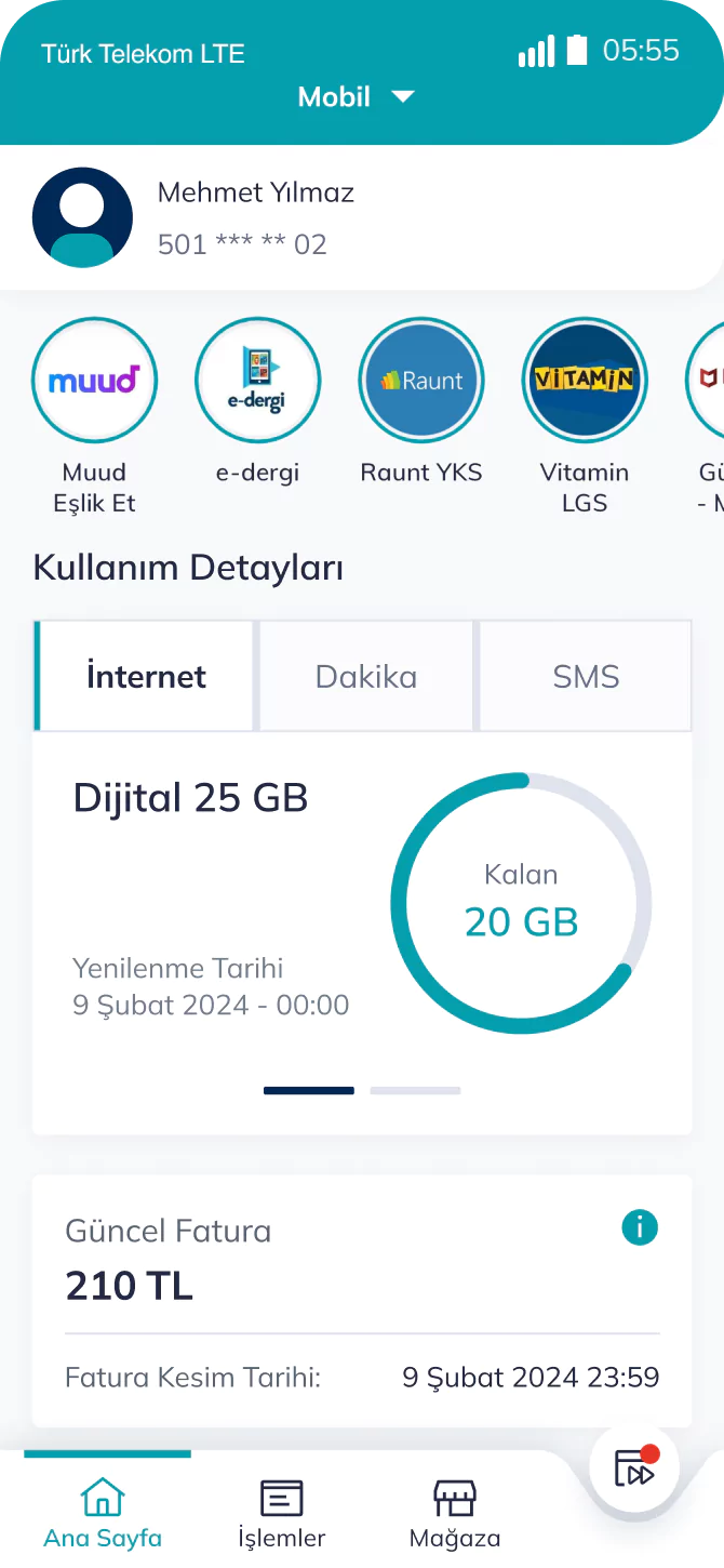 Telefon ekranında Türk Telekom uygulamasında kullanımlar ekran görüntüsü