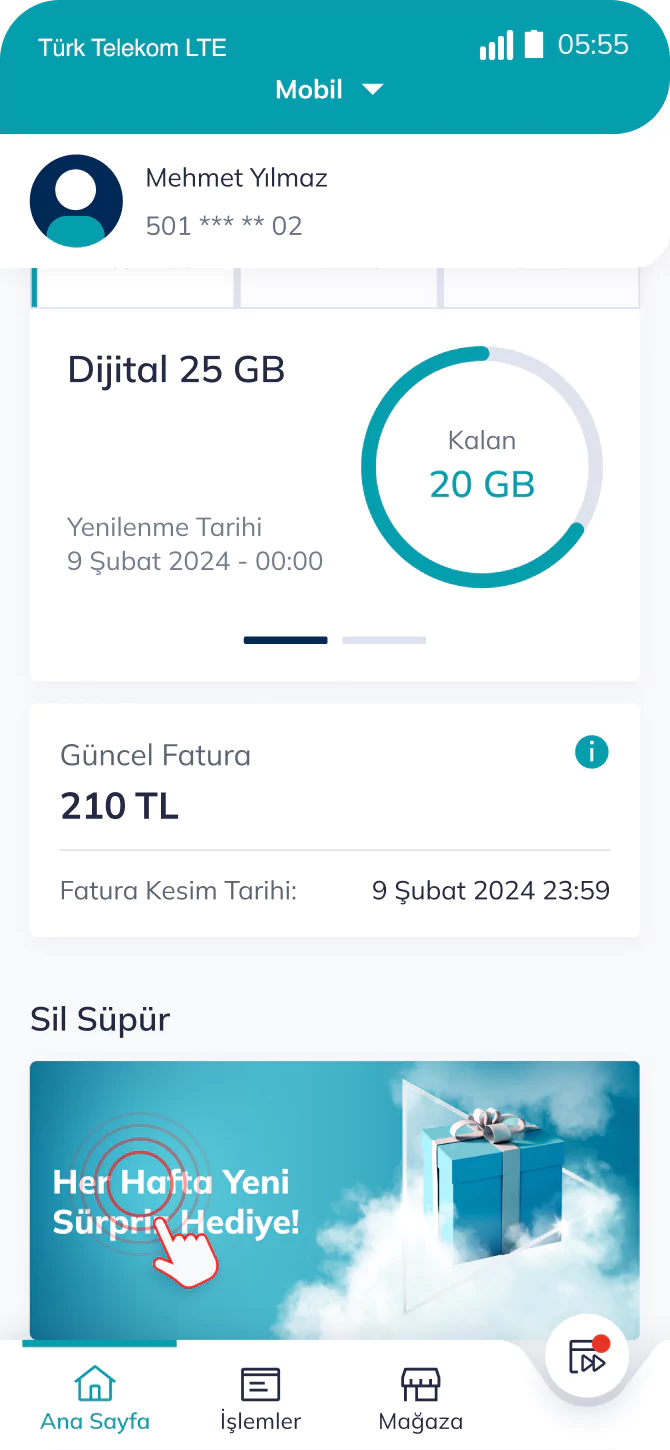 Telefon ekranında Türk Telekom uygulamasında sil süpür ekran görüntüsü