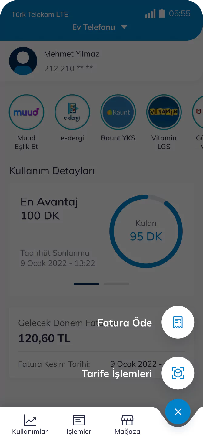 Telefon ekranında Türk Telekom uygulamasında hızlı işlemler ekran görüntüsü