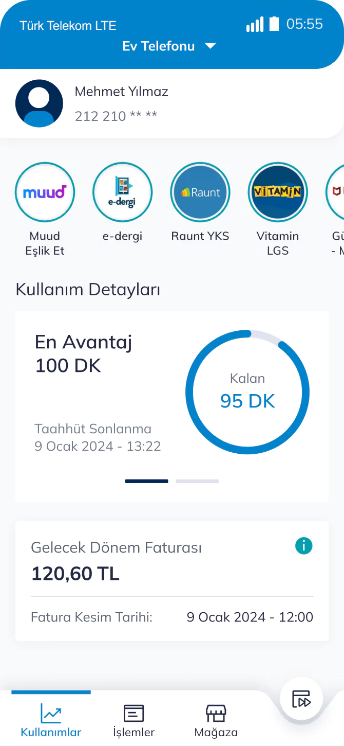 Telefon ekranında Türk Telekom uygulamasında kullanımlar ekran görüntüsü