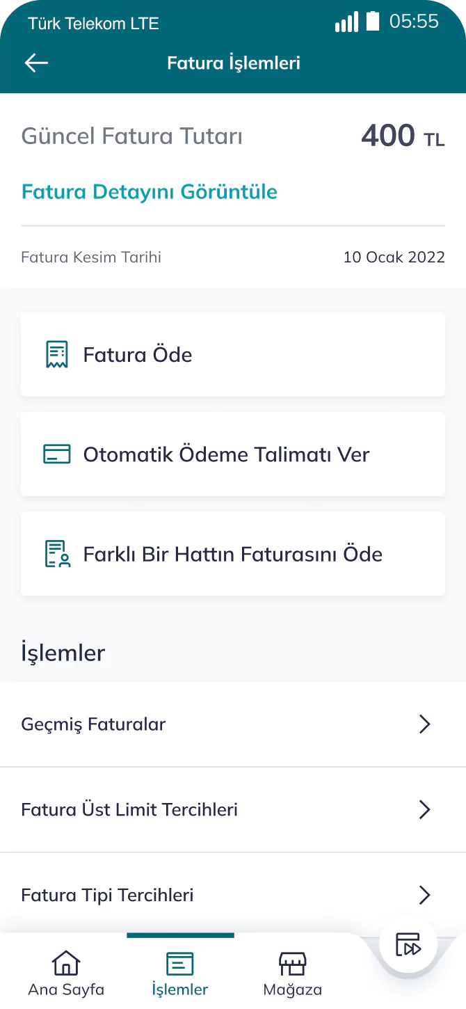 Telefon ekranında Türk Telekom uygulamasında fatura işlemleri ekran görüntüsü