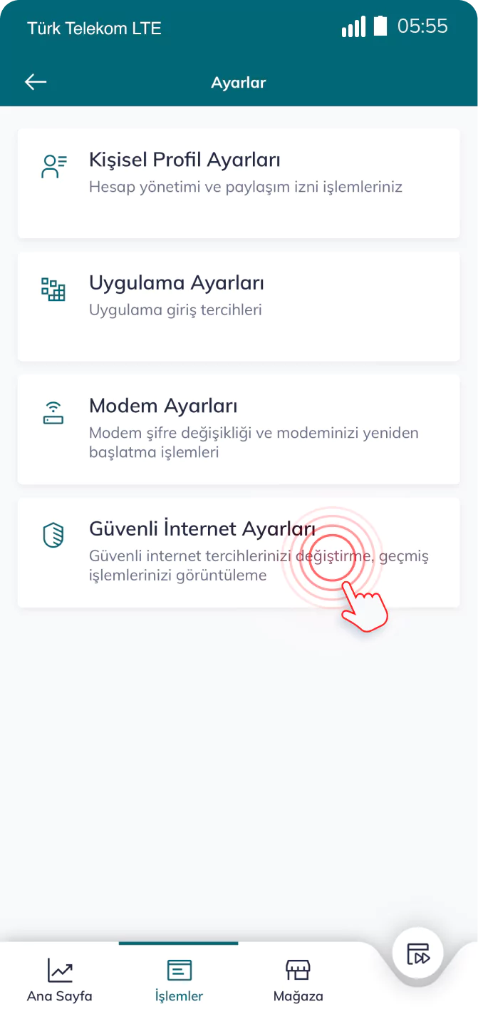 Telefon ekranında Türk Telekom uygulamasında güvenli internet ayarları ekran görüntüsü