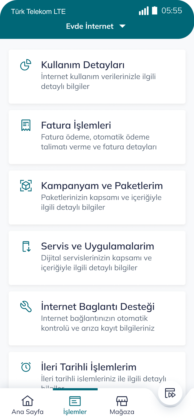 Telefon ekranında Türk Telekom uygulamasında işlemler ekran görüntüsü