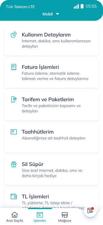 Telefon ekranında Türk Telekom uygulamasında işlemler ekran görüntüsü