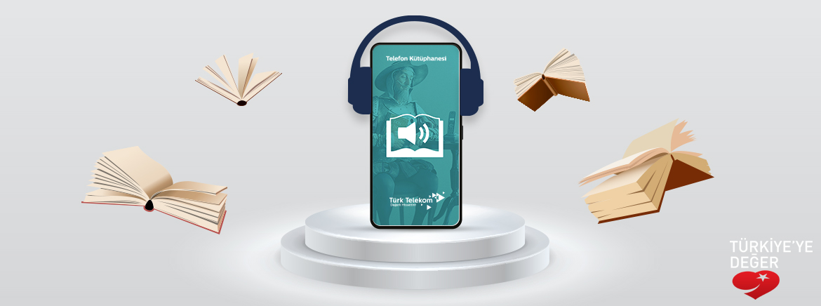 Akıllı telefonun yanında kulaklık, telefonun sağında ve solunda uçan kitaplar bulunuyor.